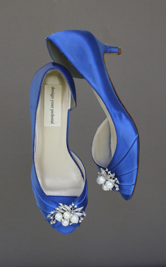 Blue Wedding Shoes Kitten Heel Peep Toes Pearl and Crystal