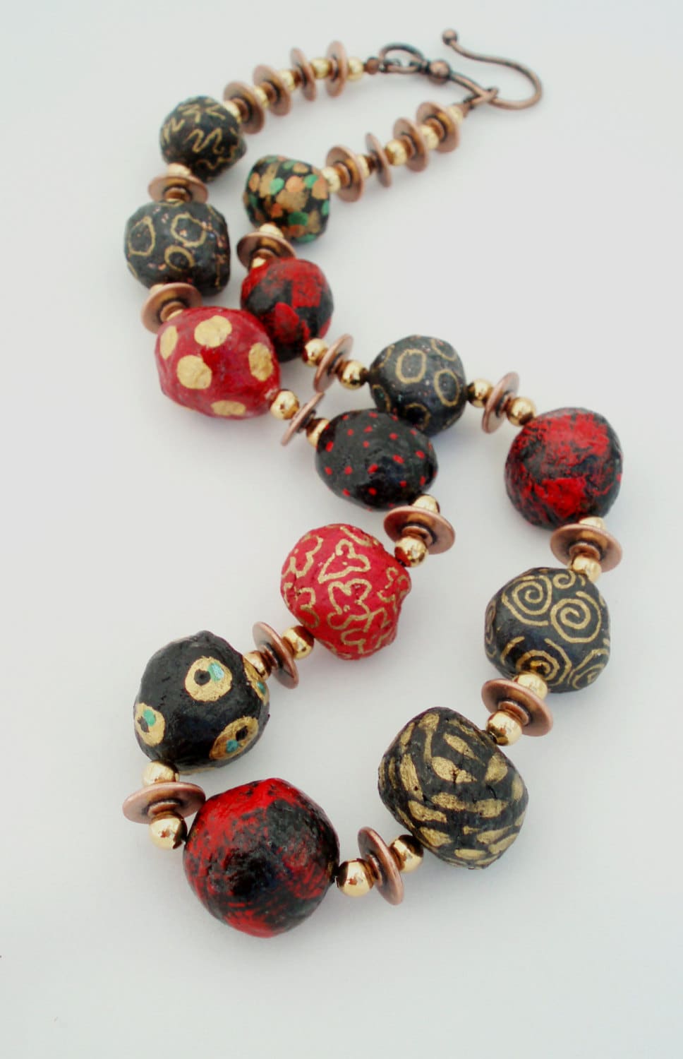 necklace of paper mache beads painted. by beadunsupervised on Etsy