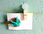 Retro style bird filigree hair clip - antiqued bronze filigree clip with turquoise swallow bird made by The Dorothy Days - etsy uk