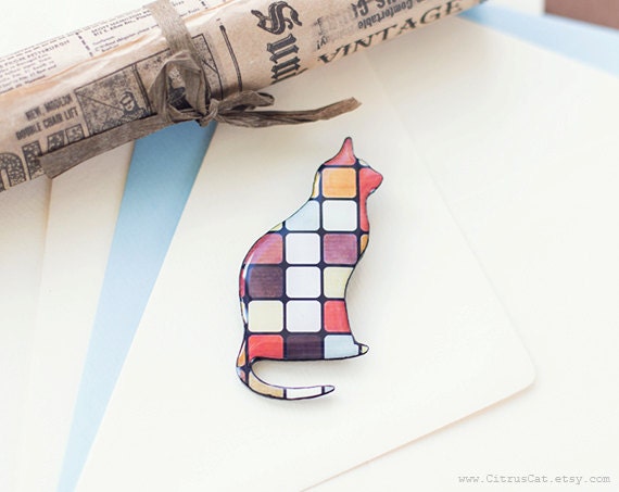 geometric jewelry, retro jewelry, colorful jewelry, retro brooch, multicolor brooch, cat jewelry, fall, autumn, cat brooch, cat, animal, unique, shopping, fashion