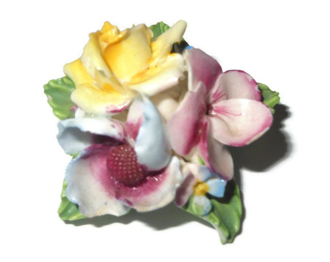 FREE SHIPPING Bone china floral brooch English 1940s hand-made painted signed Crown China Crafts, 'Made in England, Mill St. Stoke on Trent'