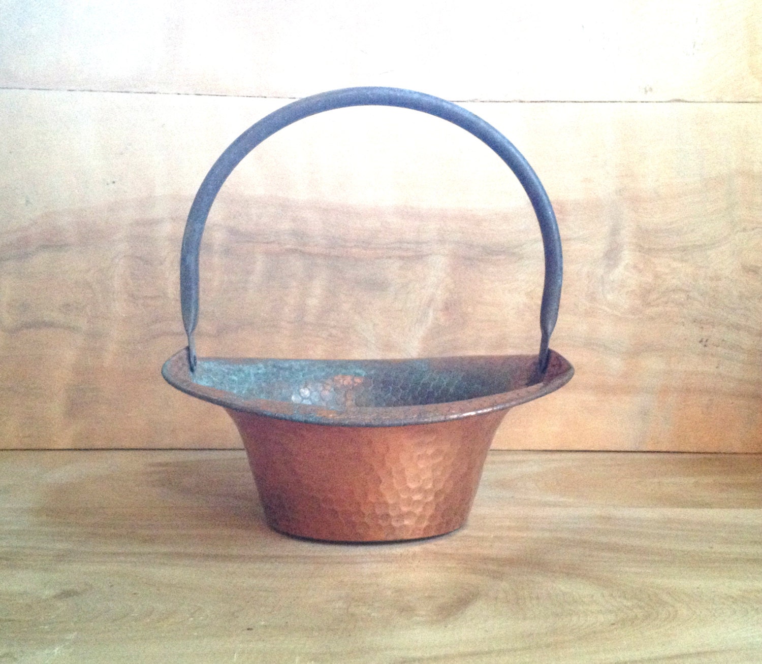 Vintage Copper Basket Rustic Patina Brass Hammered