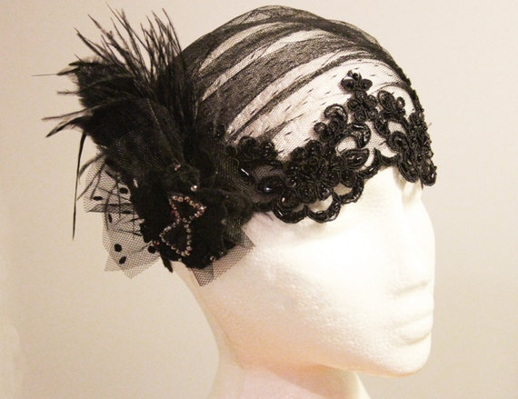 Items similar to 20s Inspired Black Feather Cap Swiss Dots Lace Netting ...