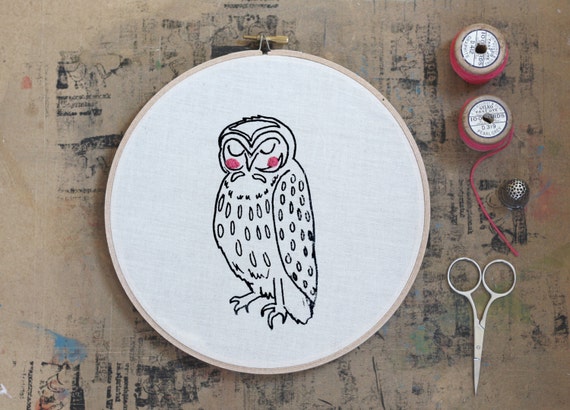 Owl Hoop Art, Embroidery hoop art, Screenprinted Owl, Illustration, Hand printed, Nursery, Wall hanging by mooshpie