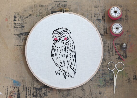 Owl Hoop Art, Embroidery hoop art, Screenprinted Owl, Illustration, Hand printed, Nursery, Wall hanging by mooshpie