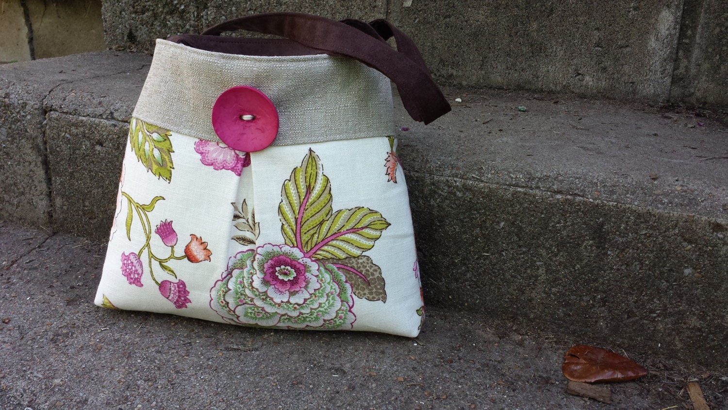 Handbag Purse Tote Bag in Pink and Green Florals by DandelionHoney