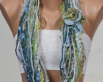 BLUE YARN Fall Scarf. Autumn Loop scarf. Circle scarf. Shades of blue, green, cream, turquoise.