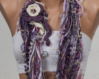 PURPLE and CREAM yarn Fall Scarf. Autumn Loop scarf. Circle scarf and neckwarmer. Shades of Purple.