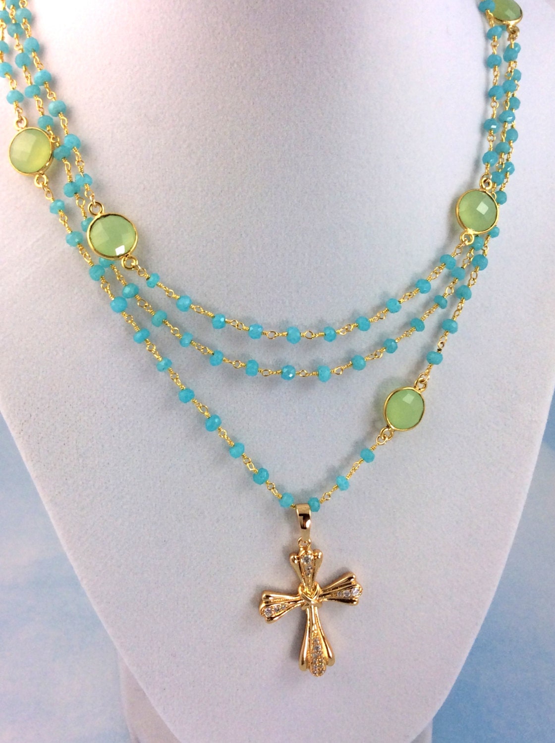 Rosary Necklace Women Aqua Chalcedony Gold Filled Cross