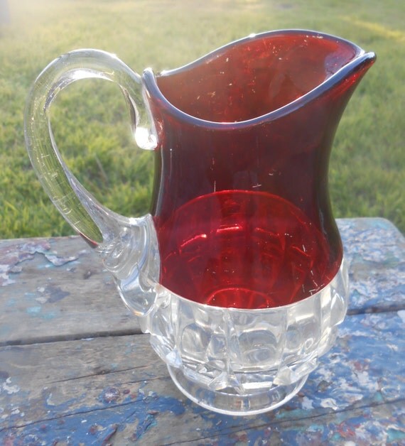 Antique Victorian Era Ruby Red Flash Glass Small Pitcher Red