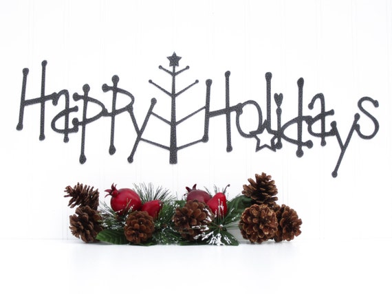 Happy Holidays Metal Sign with Christmas Tree Silver