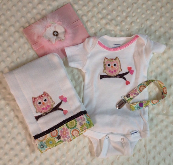 Baby Girl Owl Ruffled Onesie Burp Cloth by SweetStarlings