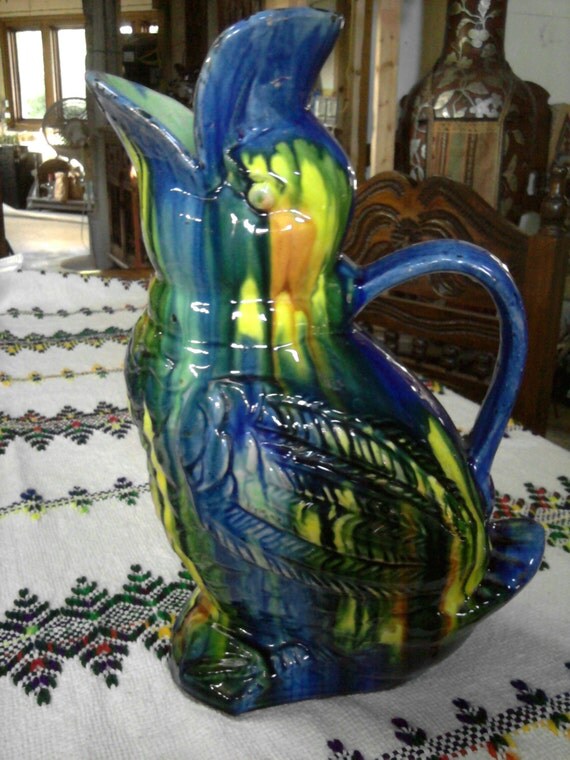 Vintage Oaxaca Mexican Drip Glaze Pottery Large Duck Pitcher