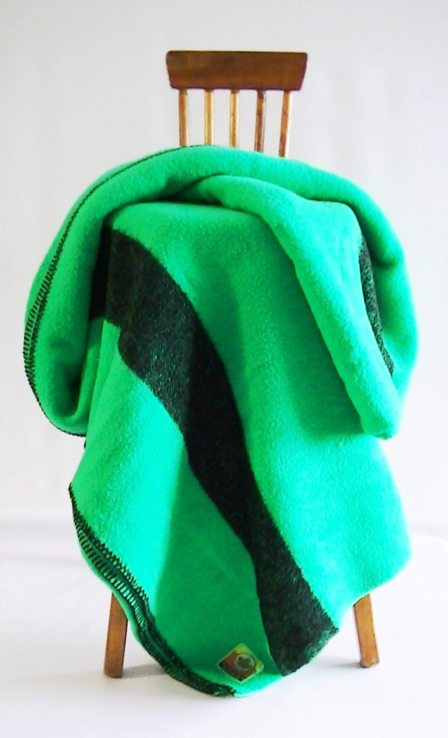 Vintage Plessis Wool Camp Blanket Kelly Green Black Band