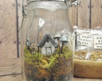 Terrarium Kit With Tiny House, Glow in the Dark Mushrooms and Lantern Live moss Terrarium Kit Handmade by Gypsy Raku