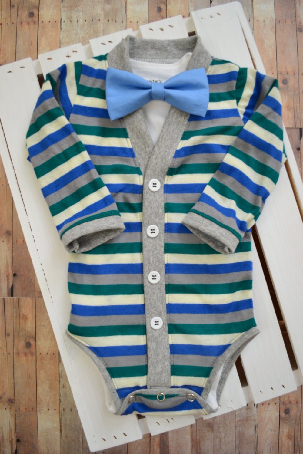 Baby Cardigan And Bow Tie Blue Green Gray by TheHumbleLemon