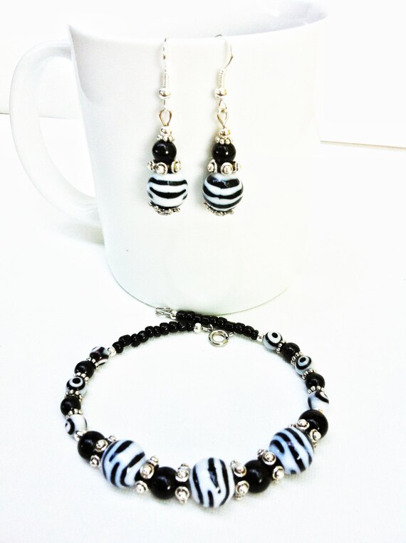 Zebra Print Earring & Bracelet Set Black and White Jewelry