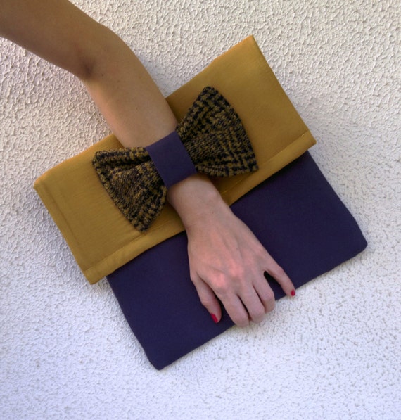 Bow envelope clutch / bag in mustard / purple.