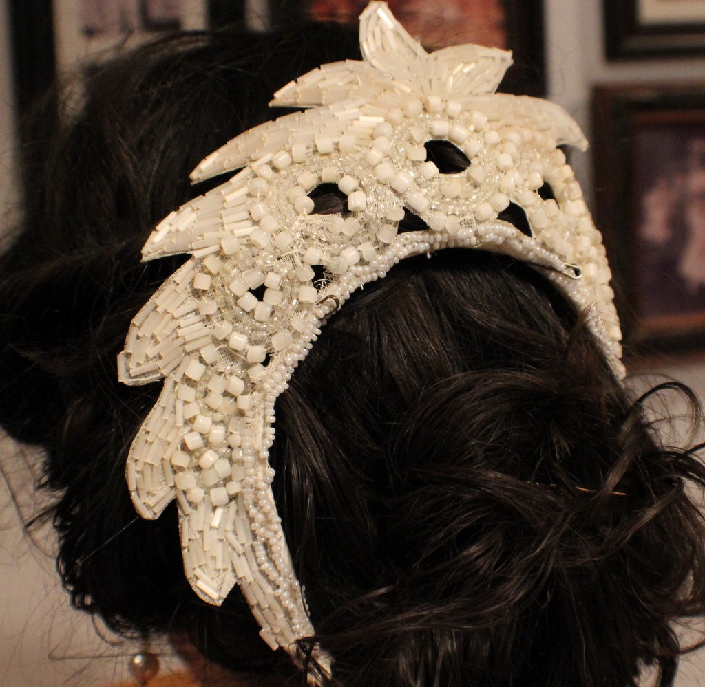 On Sale Antique Hand Beaded Hair Piece Wedding White