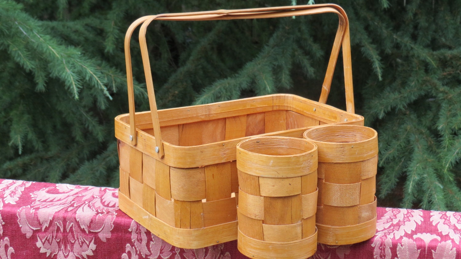 Woven Wood Picnic Basket with Bamboo Handles and Two Wine