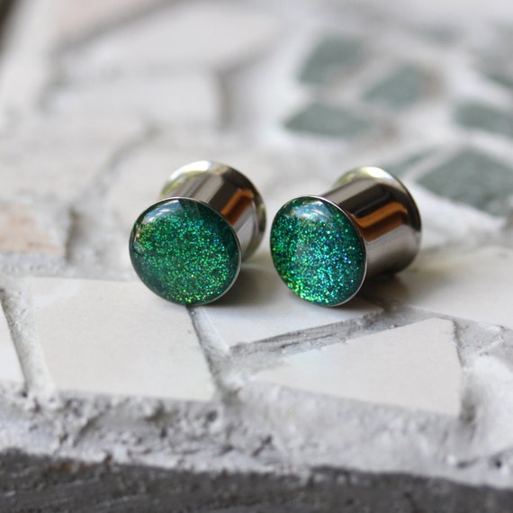 Green Glitter Resin Plugs, Sparkly Ear Gauge, St Patrick's Plugs, Resin