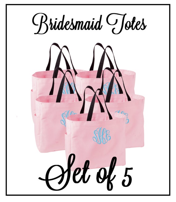 Monogrammed Bridesmaid Tote Bags - Set of 5 - Mix and Match Colors