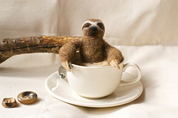 Sloth In a Cup - OOAK handmade needle felted sloth in teacup