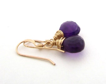Gold amethyst earrings, dark purple gemstone, purple amethyst jewelry, February birthstone, purple drop earrings, amethyst gemstone earrings