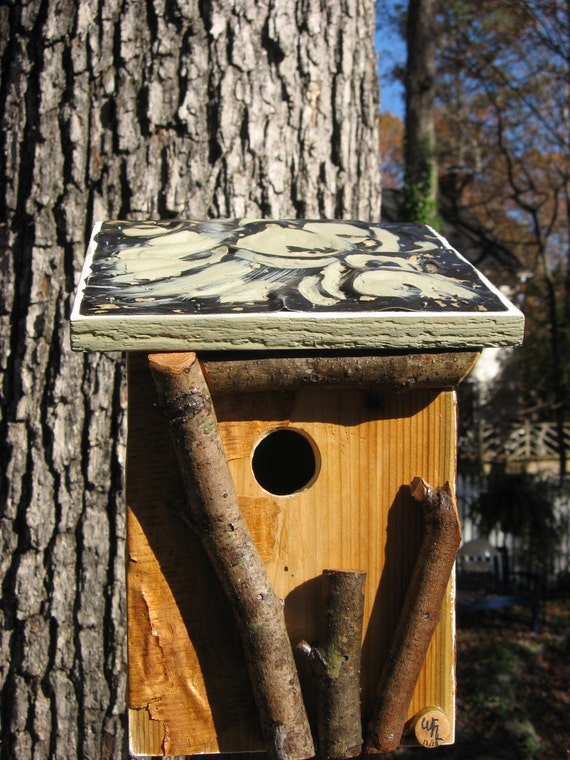 Items similar to Birch Bark metal roof Downy Woodpecker Nest Box on Etsy