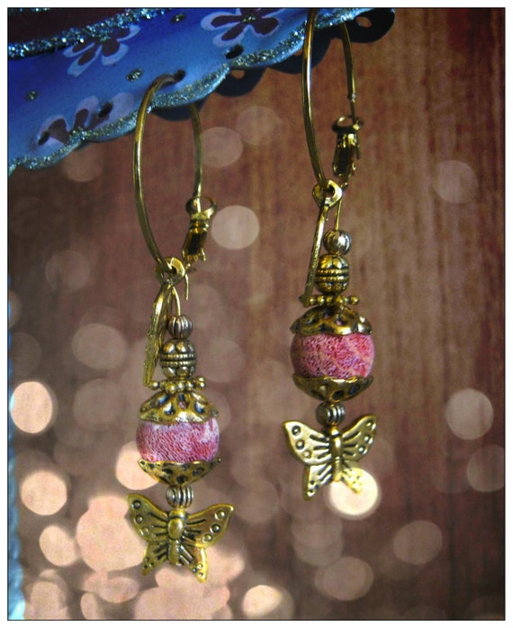 Handmade Gold Earrings with Bubble Coral, Butterfly & Leaf by IreneDesign2011