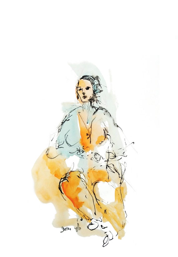 Figurative art Watercolor painting, original woman watercolor drawing