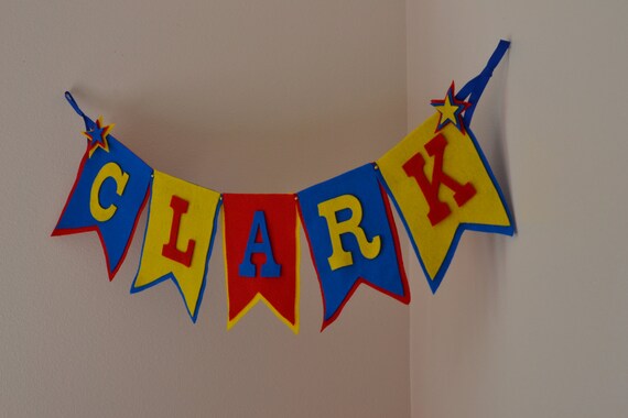 Custom Star Super Hero / Blue Yellow & Red Felt Baby / Child Name Banner / Other Colors Available / Handmade Personalized Party Banners Il_570xn