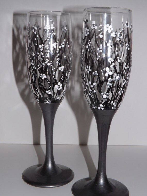 Champagne Flutes Hand Painted Dark Black Silver Pewter