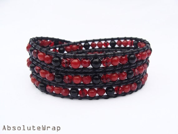 Red black stone wrap bracelet with crystal on polyester cord