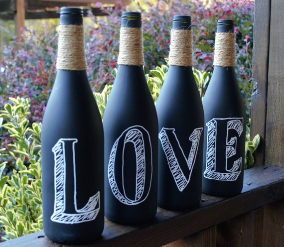 Chalkboard wine bottles / twine wrapped wine bottles / LOVE
