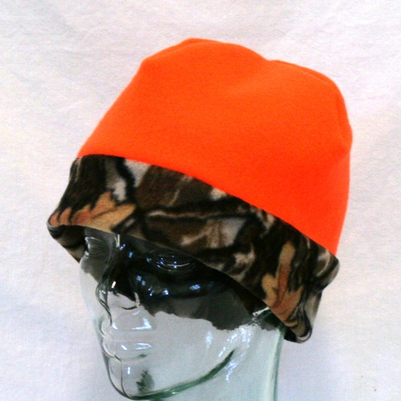 Items similar to Large Fleece Orange and Woodland Camo Hunting Cap ...