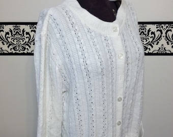 80's does 50's White Knit Cardigan With Pockets by Anthony Richards Large / XL