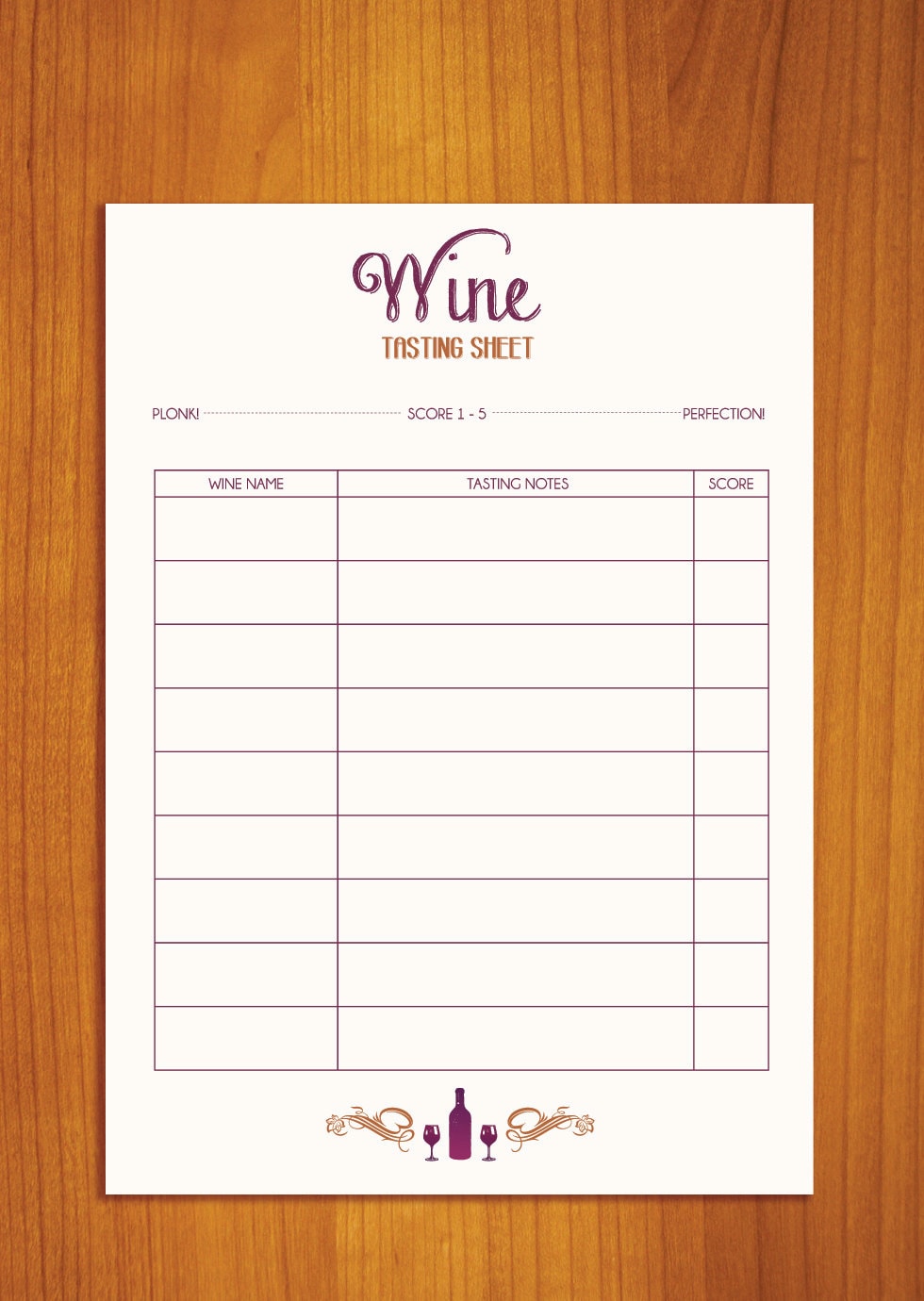 Wine Party Tasting Sheet PDF Digital Download