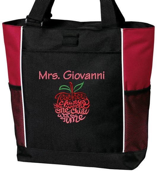 Personalized Teacher Tote Bag Embroidered with Name and Apple