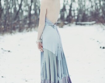 upcycled clothing, upcycled fashion, wearable art, long halter neck dress . downpour . XS - S
