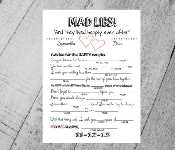 Custom Wedding Mad Libs DIY Printable Cards with Hearts. Style