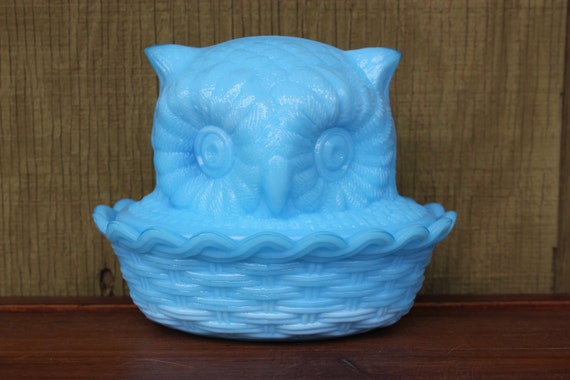 Powder Blue Milk Glass Owl Covered Dish