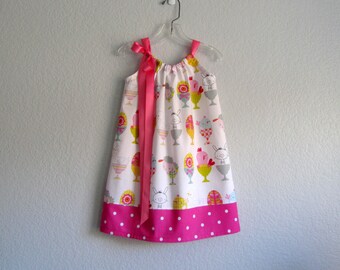 Girls Pillowcase Dress - White Dress with Bunnies Lambs and Chicks - Girls Pink and White Sun Dress - Size 12m, 18m, 2T, 3T, 4T, 5 or 6