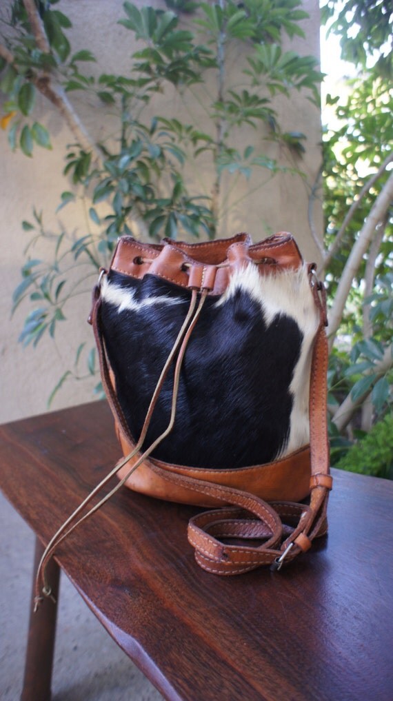 Vintage Handmade Cowhide Fur Leather Drawstring Duffle Style