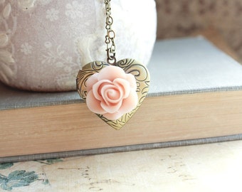 Heart Locket Necklace Pink Rose Pendant Country Chic Antique Brass Long Chain Secret Hiding Places Antique Brass Vintage Style Photo Locket