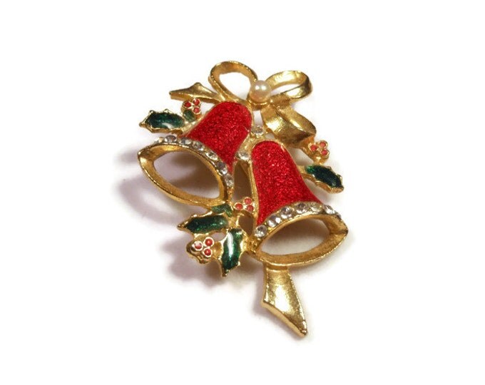 FREE SHIPPING Holiday bells brooch pin, Christmas bells with red glitter enamel, rhinestones, mistletoe and faux pearl