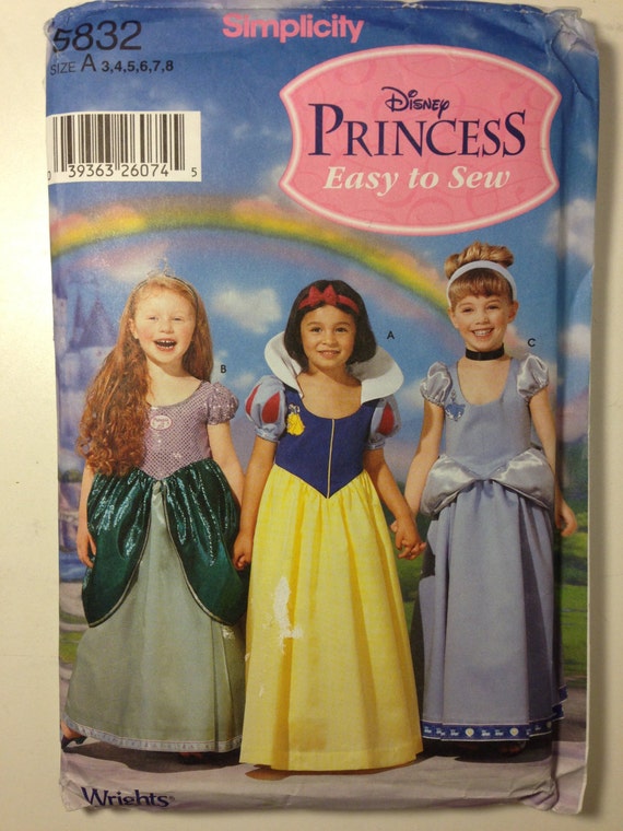 Simplicity Sewing Pattern 5832 or 0616 Disney Princess Ariel, Snow White and Cinderella Size 3-8