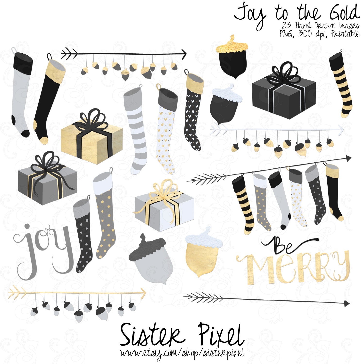 Modern Christmas Clip Art in Black White and Gold