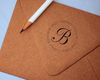 Self Inking Return Address Stamp - round stamp with monogram, black self inking stamp, rubber stamp wood handle