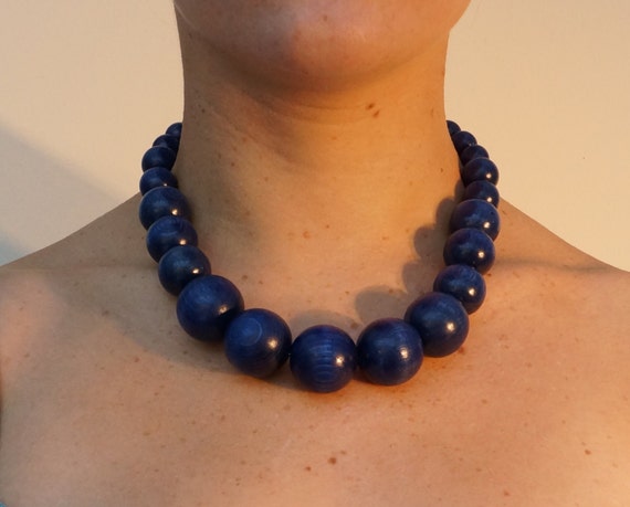 Navy Blue Mid Length Chunky Wooden Beaded Necklace